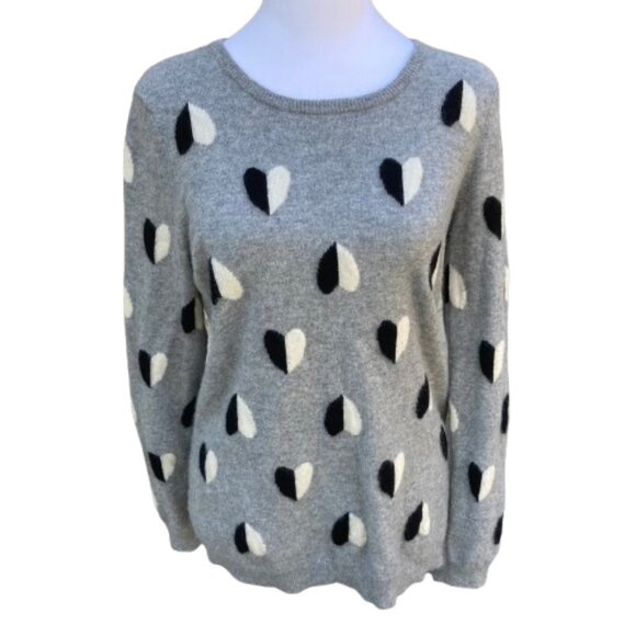 PECK & PECK 2-ply Cashmere Pullover Sweater Gray w Black/White Hearts, sz Medium - Picture 1 of 11